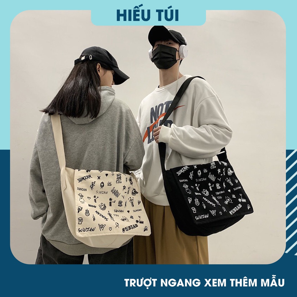 TÚI TOTE VẢI CANVAS ĐEO CHÉO NAM NỮ SUNIAN UNISEX ĐỰNG VỪA  A4 ĐI HỌC ĐI CHƠI HÀN QUỐC HT208