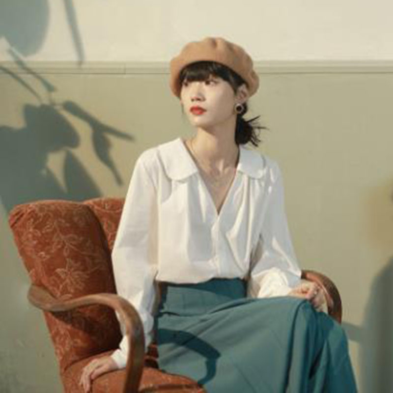 IELGY Áo kiểu tay dài cổ bèo thanh lịch thời trang dành cho nữ