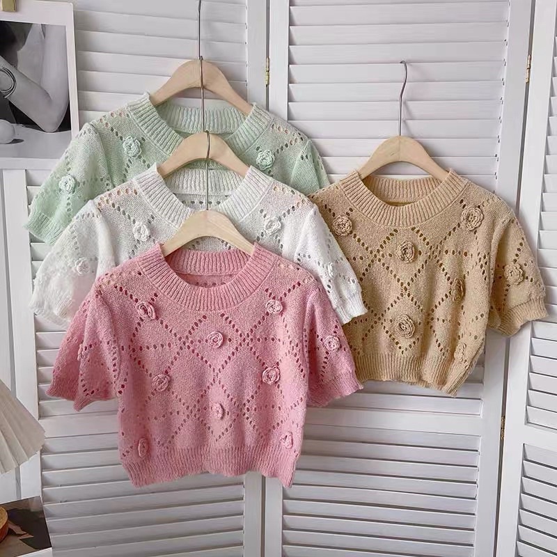 Áo len hoa nổi croptop Quảng Châu hot hit, Áo len croptop hoa nổi siêu xinh