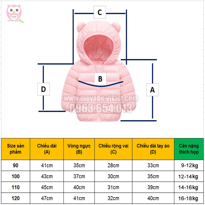 Áo phao tai gấu cho bé trai/bé gái