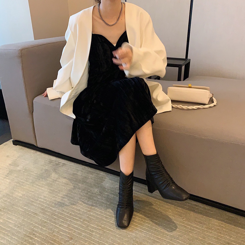 [Quà tặng là dây chun buộc tóc nữ] Boot da lì nhún chun gân giữa Bốt cao gót mũi vuông 7p Lucy Outfit thiết kế fullbox | BigBuy360 - bigbuy360.vn