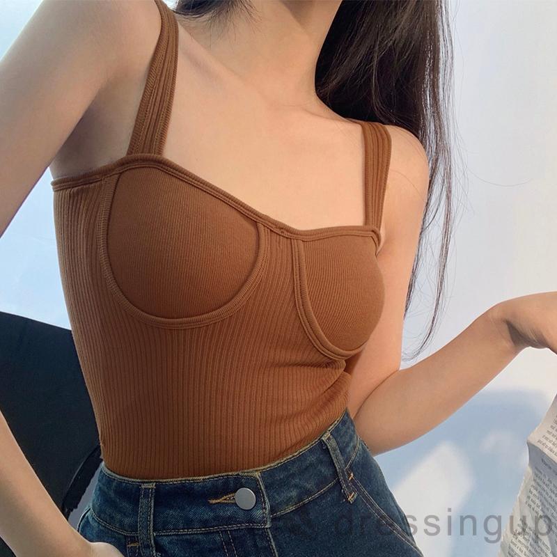 Áo Croptop Không Tay Đệm Mút Màu Trơn Phối Dây Xích Kim Loại Cho Nữ