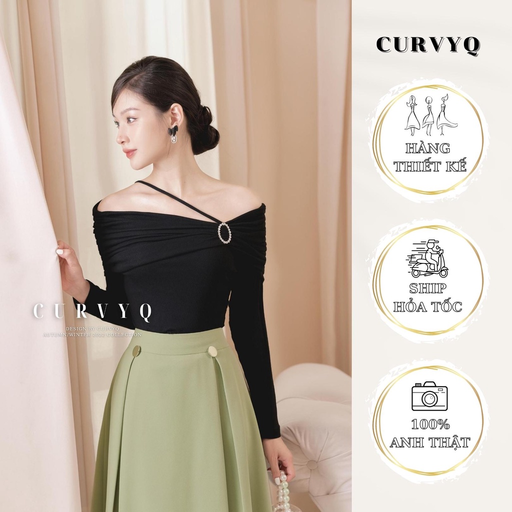 Áo Thun Trễ Vai Dài Tay Nữ Kèm Cài Áo, Cách Điệu Quai Dây Mặc Hai Kiểu Lệch Vai Tiểu Thư Thời Trang Thiết Kế CurvyQ