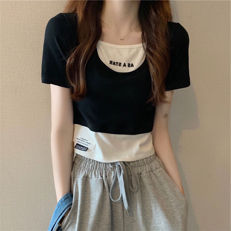 Áo thun ZHELIHANGFEI tay ngắn giả hai lớp thời trang trẻ trung