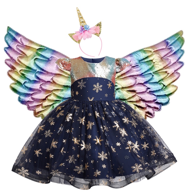 Đầm công chúa đính kim sa hình cánh thiên thần cho bé gái
