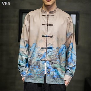 ✧┅✳Tang suit cổ đứng áo sơ mi nam dài tay mới phong cách Trung Quốc in cảnh giản dị cộng với khoác cỡ lớn