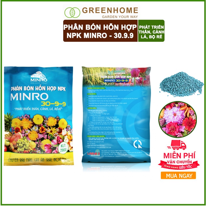Phân NPK 30-9-9 Minro, bao 200gr, hỗ trợ phát triển nhanh thân, cành, lá, bộ rễ |Greenhome