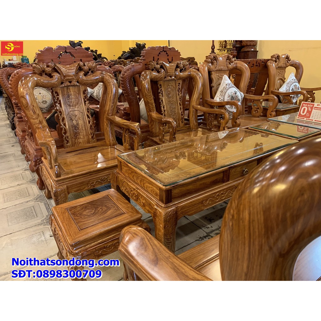 Bộ bàn ghế gỗ hương chạm đào Vân tuyển tay 10, 6 món -Bbg216