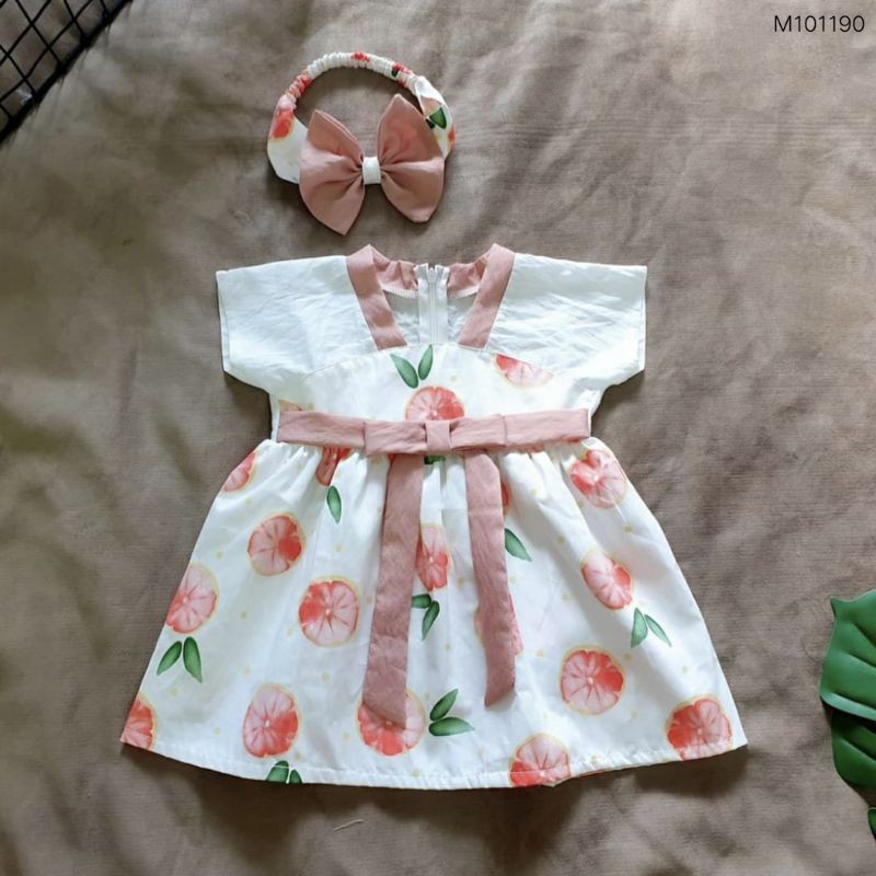 Đầm bé gái giả hanbok họa tiết cam đào kèm băng đô (hình chụp thật)