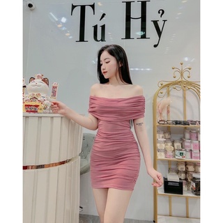 Đầm ôm body trễ vai dáng ngắn hình thật trải sàn