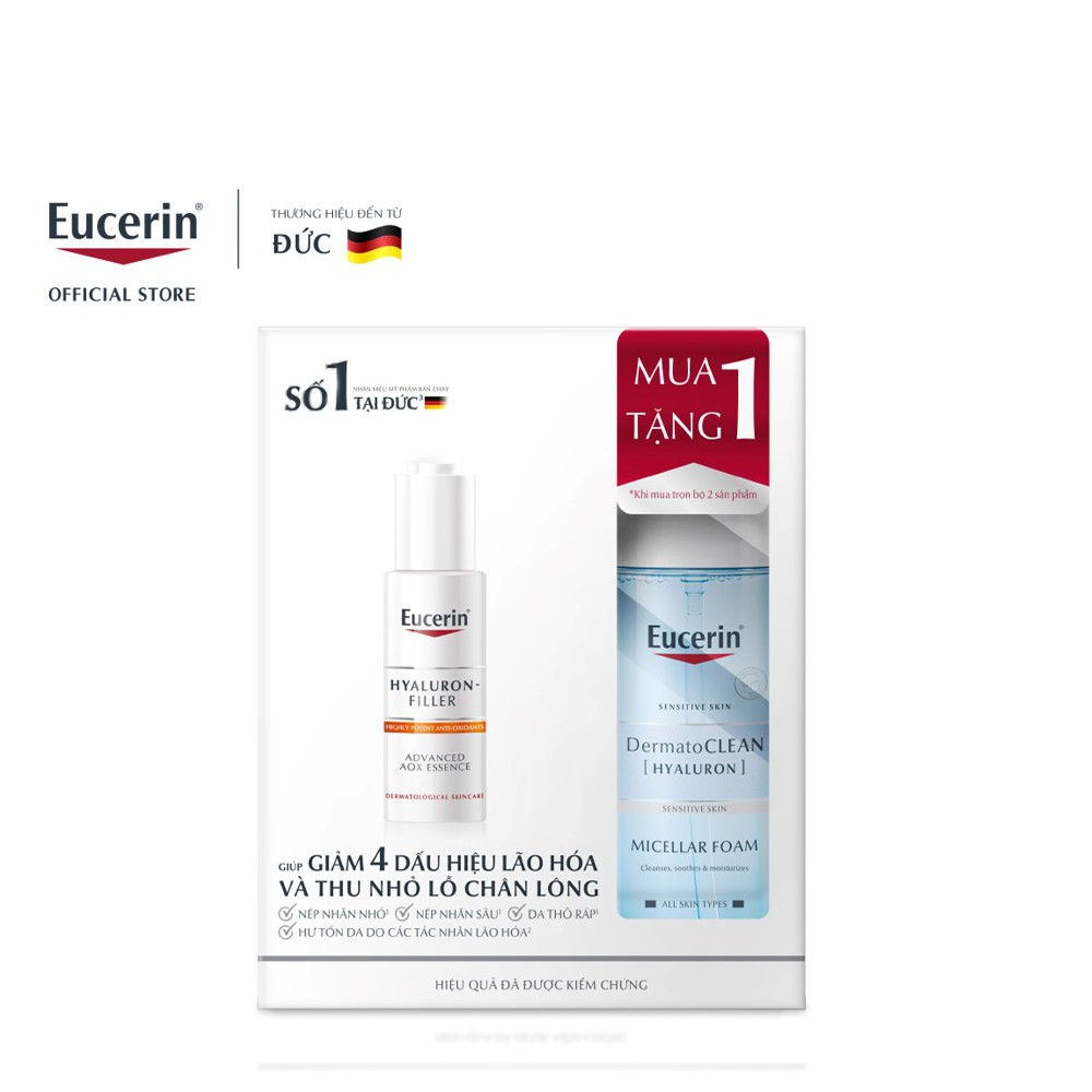 Tinh Chất Eucerin Hyaluron Filler AOX Cải Thiện Dấu Hiệu Lão Hóa 30ml+Tặng 1 Bọt Tẩy Trang DermatoClean 150ml