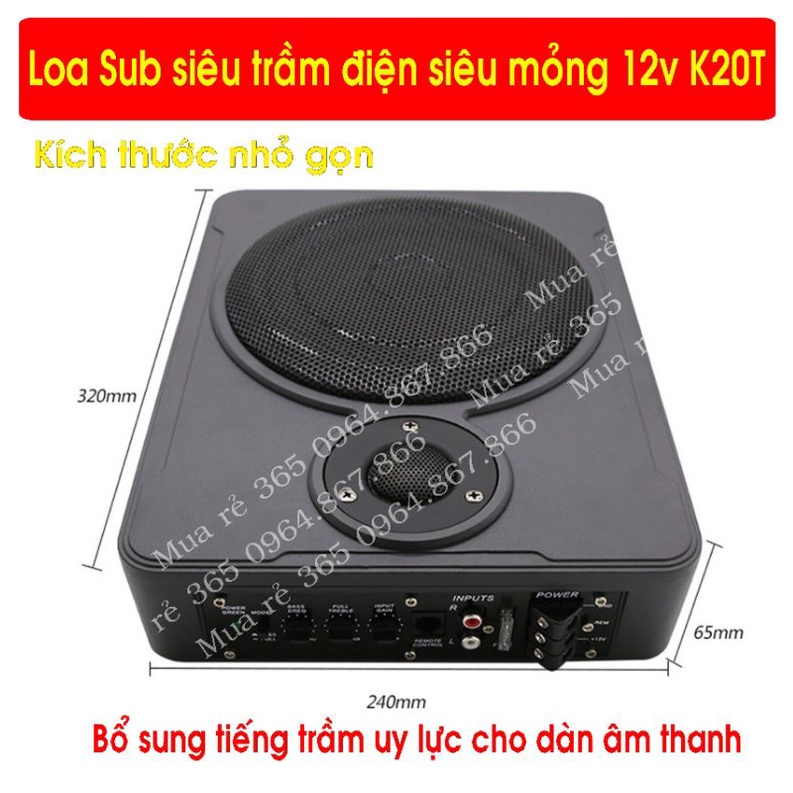 Sub siêu trầm 20, K20T vỏ Kim loại bass 20, có loa Tép, điều khiển âm lượng từ xa, điện 12v