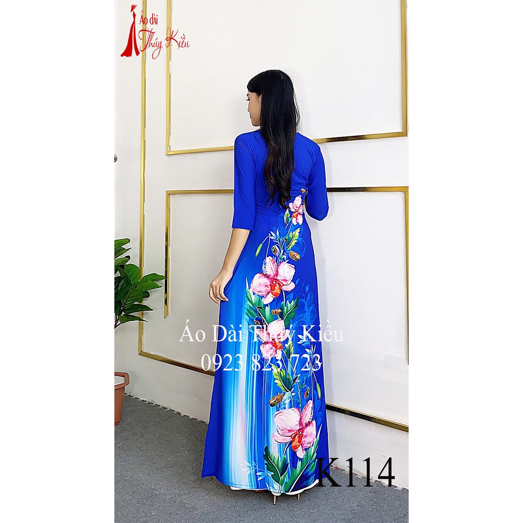 Áo dài in 3D lụa Nhật nền xanh tím than in hoa lan K114 ❤️FREESHIP❤️ mềm mại, co giãn, thấm hút mồ hôi