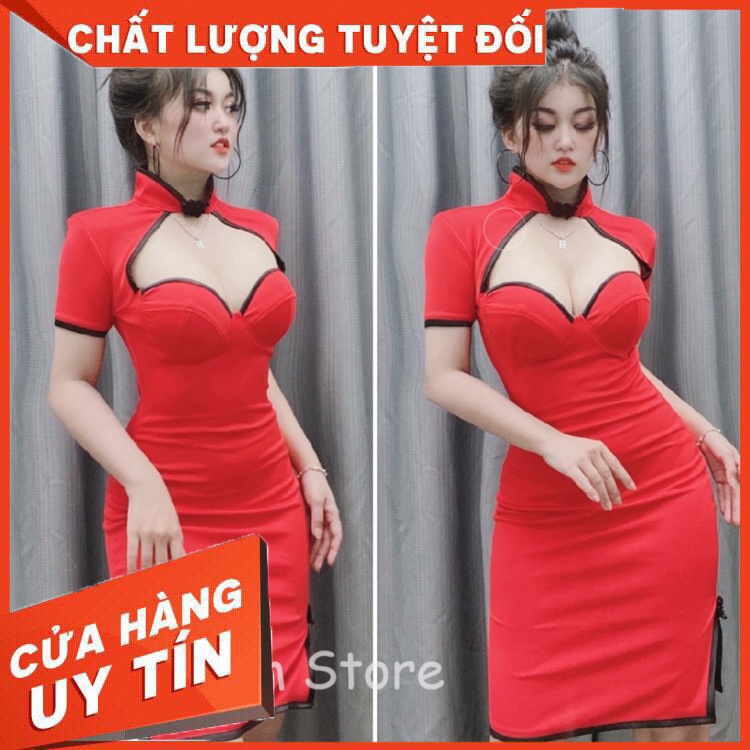 ✔️hienphamstore✔️ Đầm body sườn xám cúp ngực cổ tàu đỏ, khoét hở ngực, xẻ tà sexy - DN7175