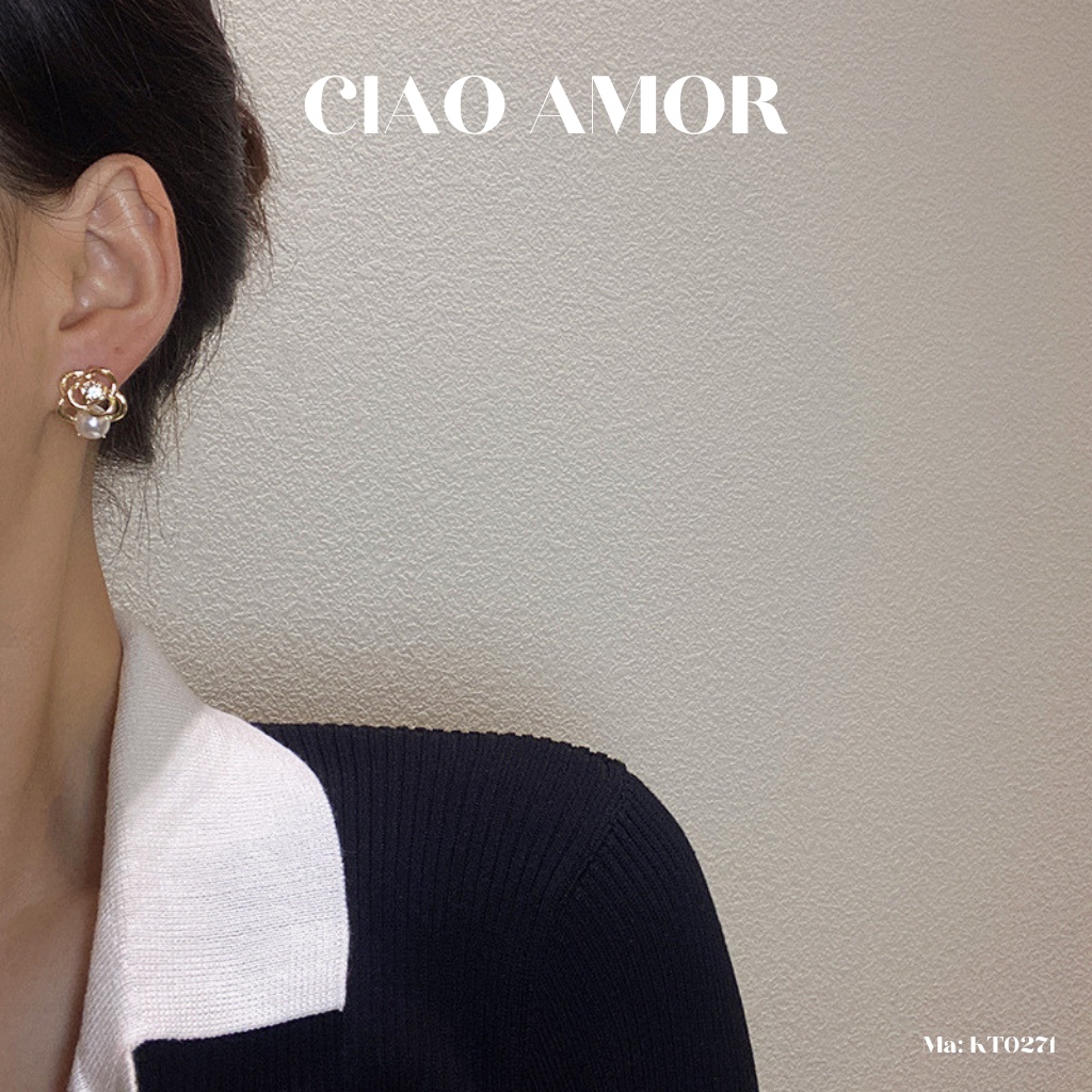 KT0271-Khuyên tai nữ, Bông tai tròn bạc 925 hoa đính ngọc trắng dưới Trang sức Ciao Amor