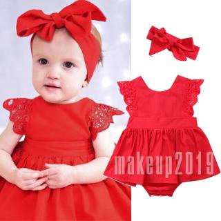 Mu♫-Newborn Baby Girls Romper Ruffle Sleeveless Red Dress