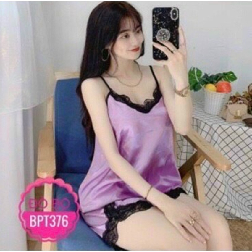 BỘ ĐỒ NGỦ PHI BÓNG HAI DÂY PHỐI REN LƯNG ĐEN FREESIZE DƯỚI 54KG