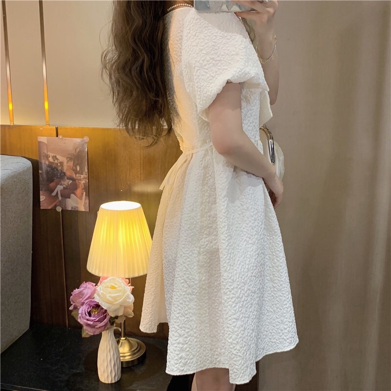 Váy xoè trắng gắn nơ to tay phồng dễ thương, đầm nữ order 2 tuần Trang Xuka