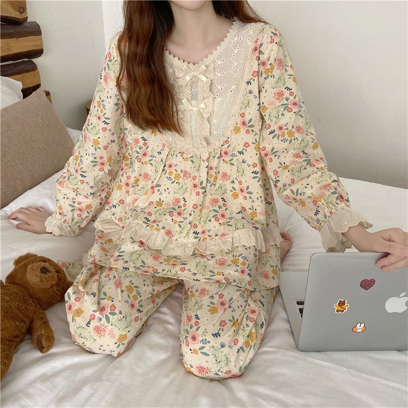 Set bộ mặc nhà hoa nhí vàng phối ren tiểu thư quảng châu