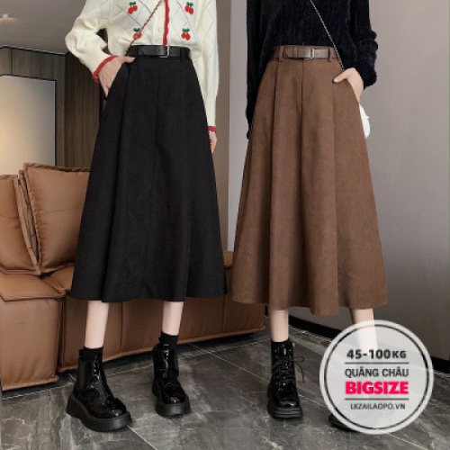 chân váy nữ dài Bigsize len mỏng lưng cao có thắt lưng dáng chữ A phong cách vintage thời trang mùa thu cho nữ 45-100kg