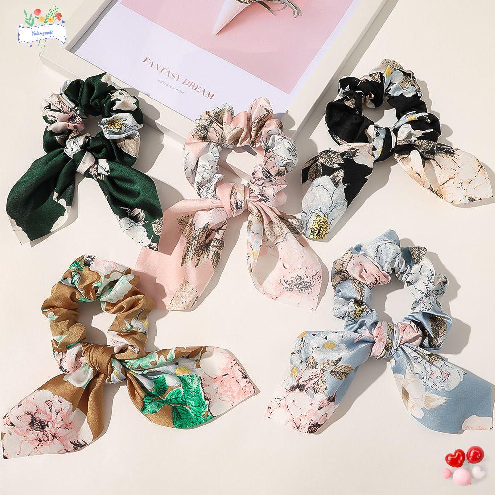 ☆Yola☆ Dây Buộc Tóc Vải Satin In Họa Tiết Hoa / Tai Thỏ Xinh Xắn Thời Trang Cho Nữ