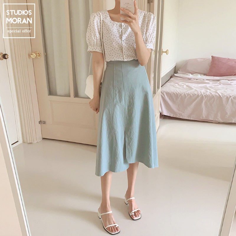 (ORDER) Chân váy MORAN xòe dài nhẹ nhàng xẻ tà giữa vạt cao thấp vintage | BigBuy360 - bigbuy360.vn