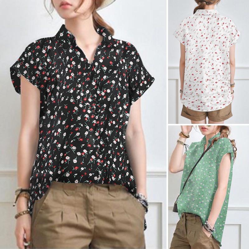 Áo sơ mi ZANZEA dáng rộng ngắn tay in hoa thời trang retro nữ tính