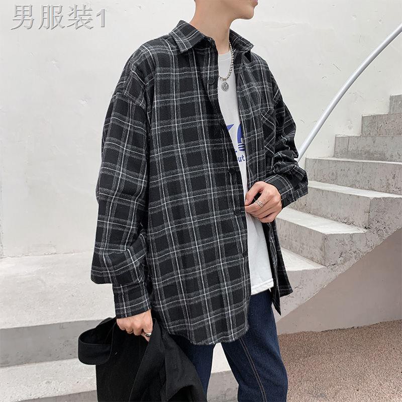 ✕✸℗Áo sơ mi kẻ sọc nam dài tay khoác ngoài thương hiệu thời trang Hồng Kông rộng rãi Hàn Quốc học sinh trẻ trung h ☭