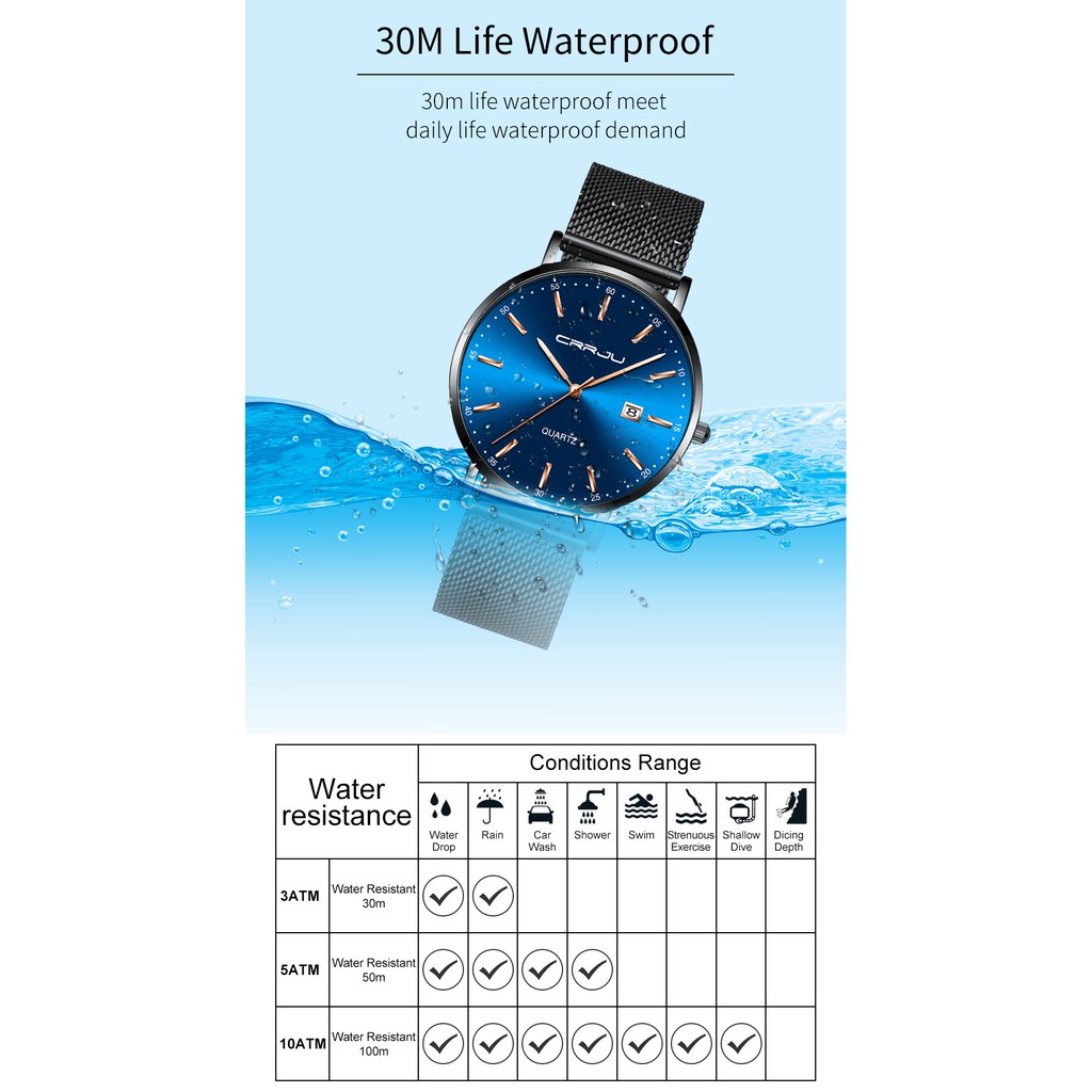 Đồng Hồ Đeo Tay CRRJU 2161 Chuyển Động Thạch Anh Hiển Thị Ngày Chống Thấm Nước Dây Thép Không Gỉ Đơn Giản Thời Trang