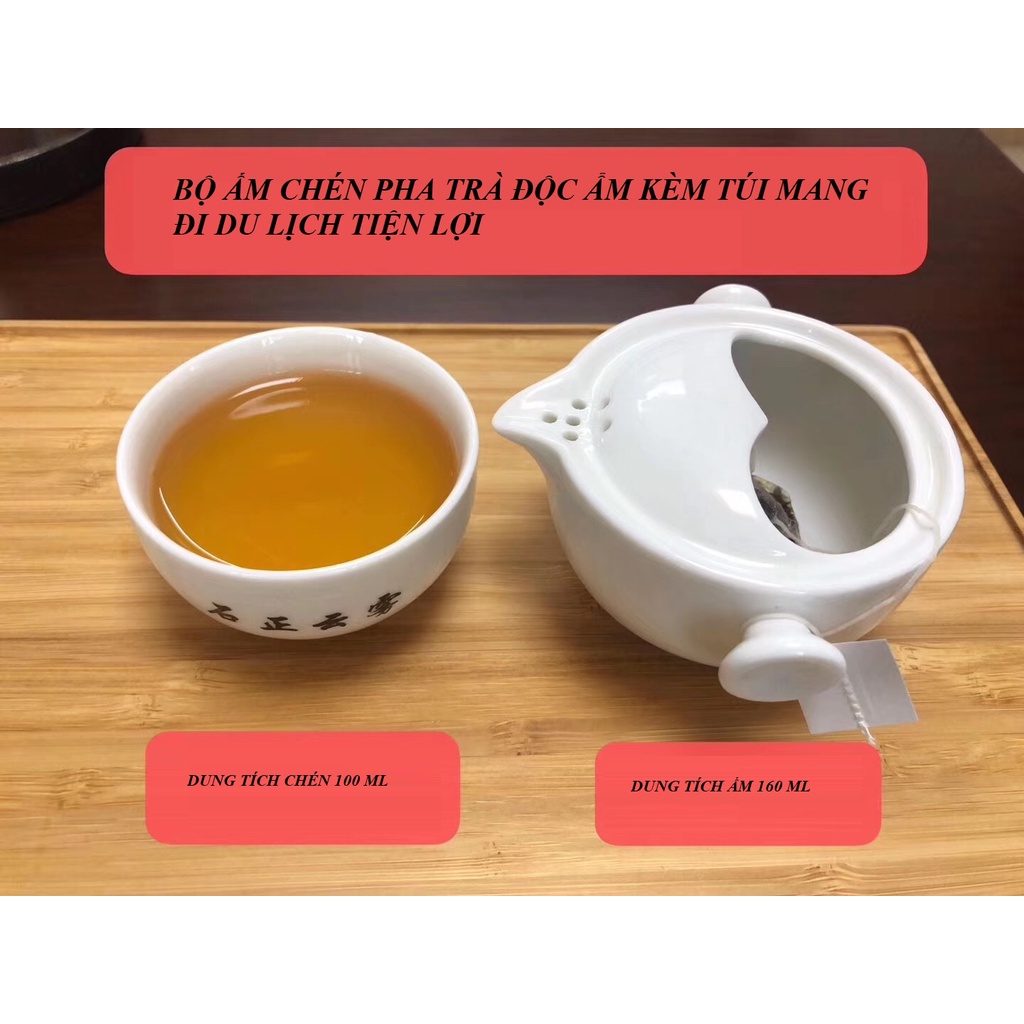 Bộ ấm chén pha trà bằng sứ kèm túi du lịch
