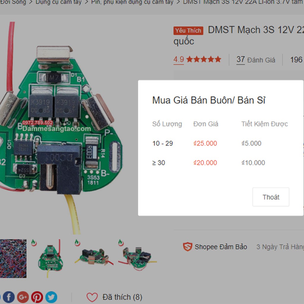 Mạch 3S 12V 22A Li-ion 3.7V tam giác dùng cho máy trung quốc