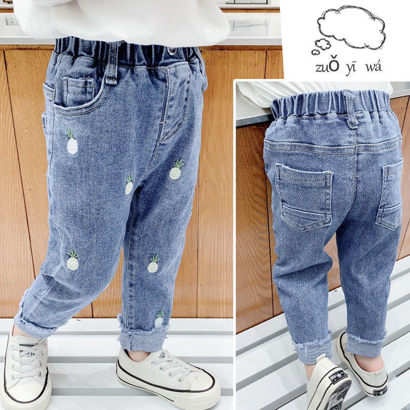 Quần jean dài dáng rộng in hoạt hình kiểu Hàn Quốc thời trang mùa hè cho bé gái