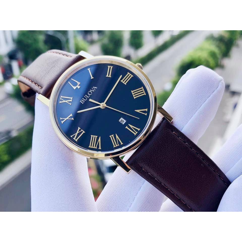 Đồng hồ Bulova nam, dây da nâu, mặt xanh 97B177 (size 40mm)
