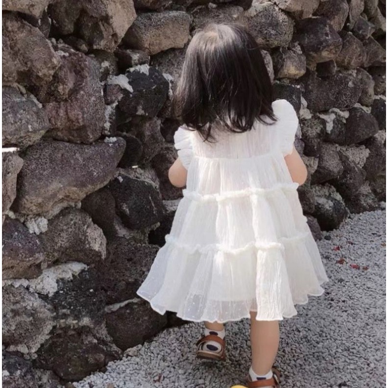 Váy đầm vải voan bi mẫu tầng trắng hồng siêu xinh cho bé gái 1 - 5 tuổi