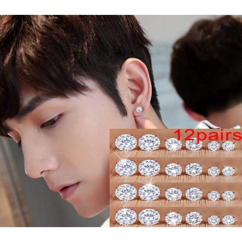 SET 12 ĐÔI BÔNG TAI NAM ĐÍNH ĐÁ TRẮNG SÁNG CHÓI LÓA 12BTZIRCON81