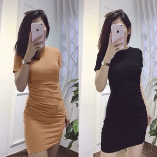 306 - Đầm ôm body thun Rib cổ tròn nhúng 1 bên eo