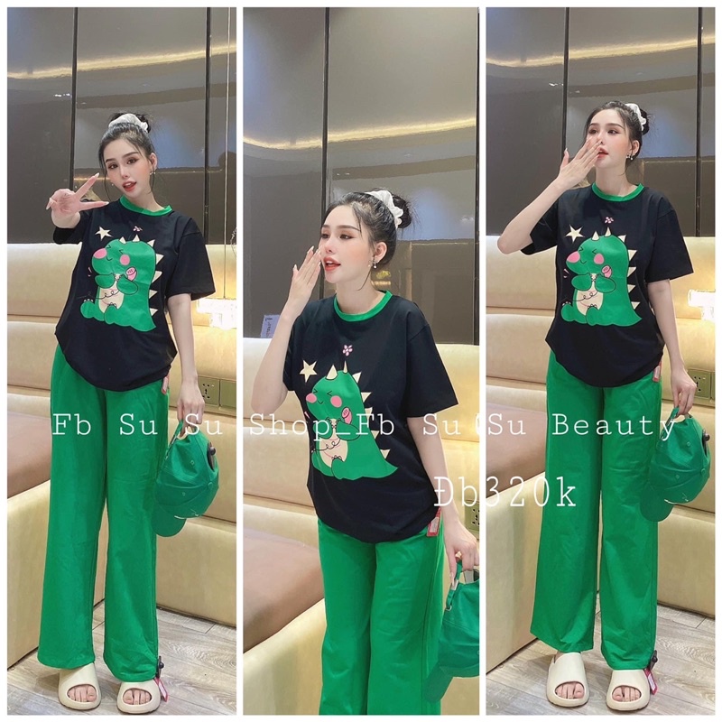 Set quần suông áo thun cotton khủng long đáng yêu ( kèm hình thật)