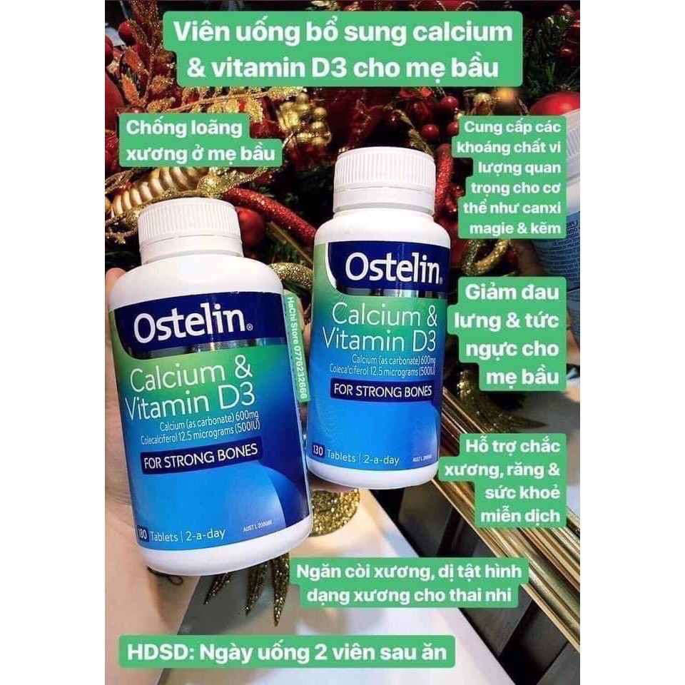 [Mẫu mới] Viên uống bổ sung Canxi và Vitamin D cho người lớn và mẹ bầu, Ostelin Calcium &amp; Vitamin D Úc -130 viên