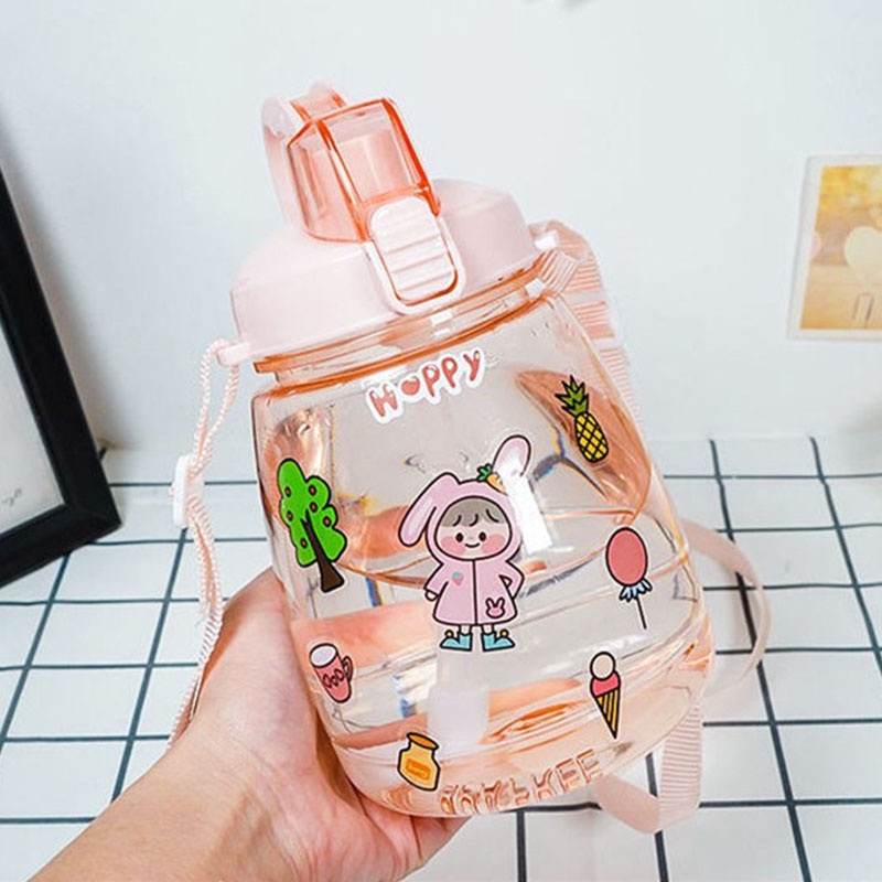 Bình Nước Dung Tích Lớn 1300ml Có Ống Hút Và Dây Đeo Dễ Thương JP6