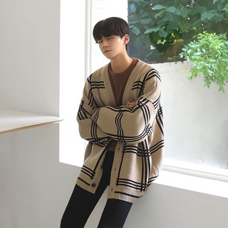 (Chính hãng/ Hình thật) Áo khoác len Cardigan thu đông form rộng kẻ ô sọc cho nam