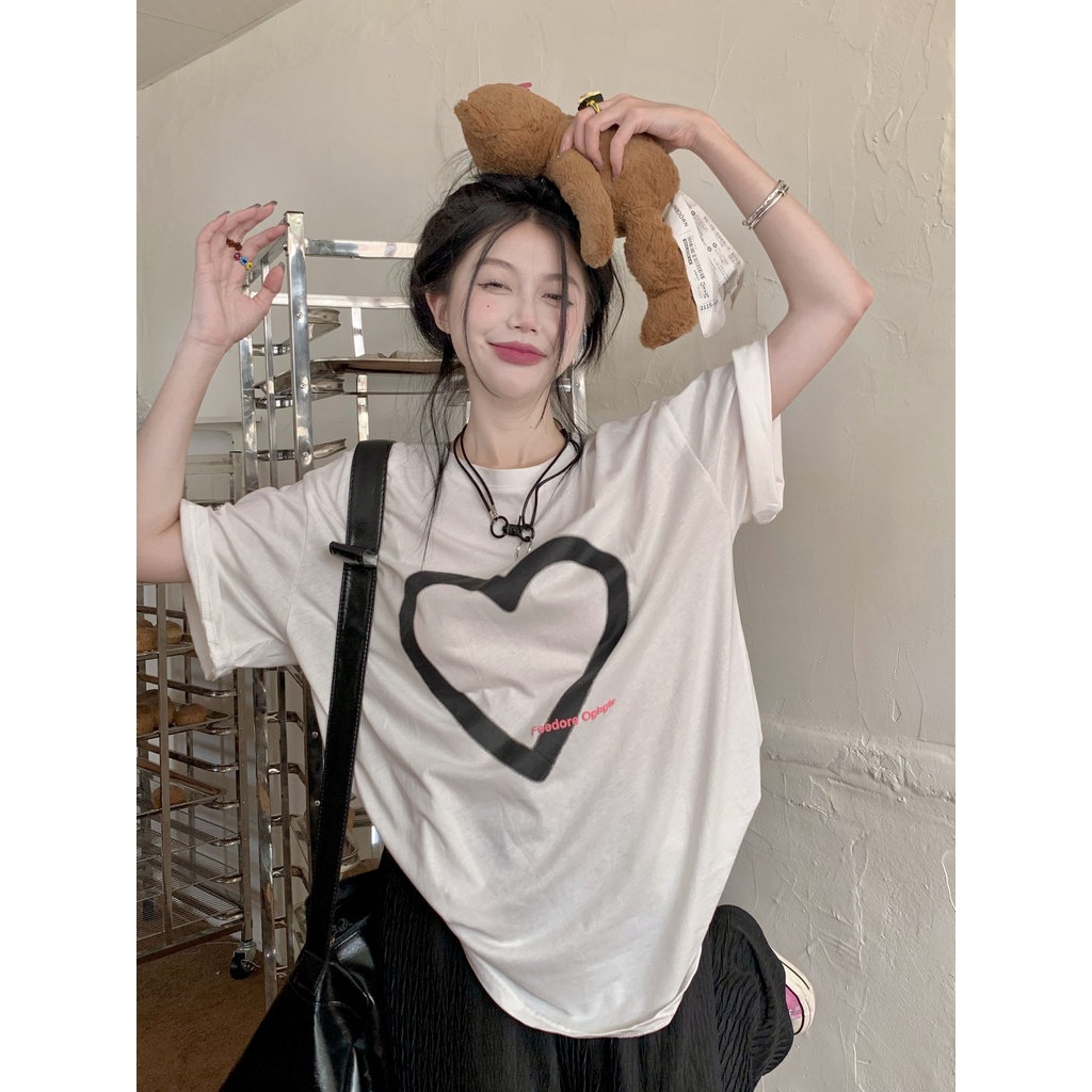 Áo Thun cotton Tay Ngắn Cổ Tròn In Họa Tiết Trái Tim Thời Trang Phong Cách Hàn Quốc Cho Nữ