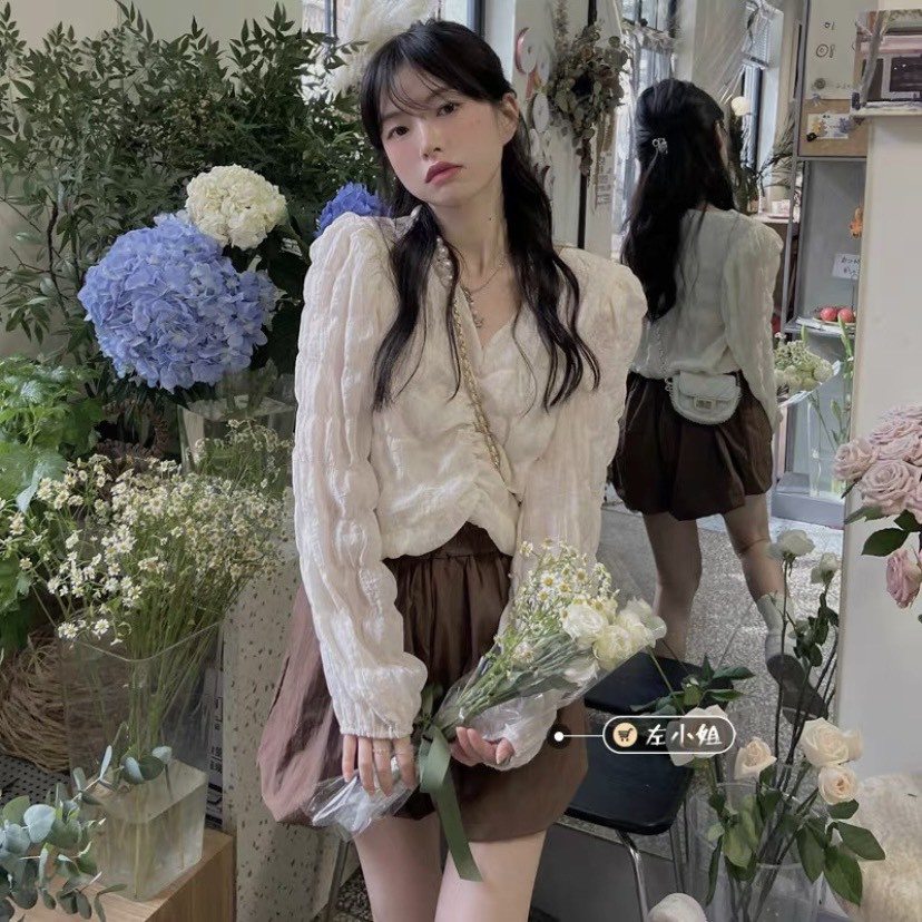 Áo sơ mi crotop tay dài nhún ngực điệu đà!  Ulzzang style Hàng Quảng Châu