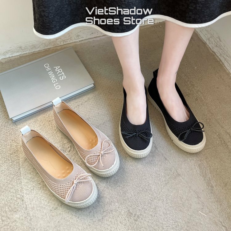 Giày búp bê slip on - Giày lười nữ dệt kim nguyên chiếc 2 màu đen và khaki, đế cao su mềm chống trơn trượt - Mã A31