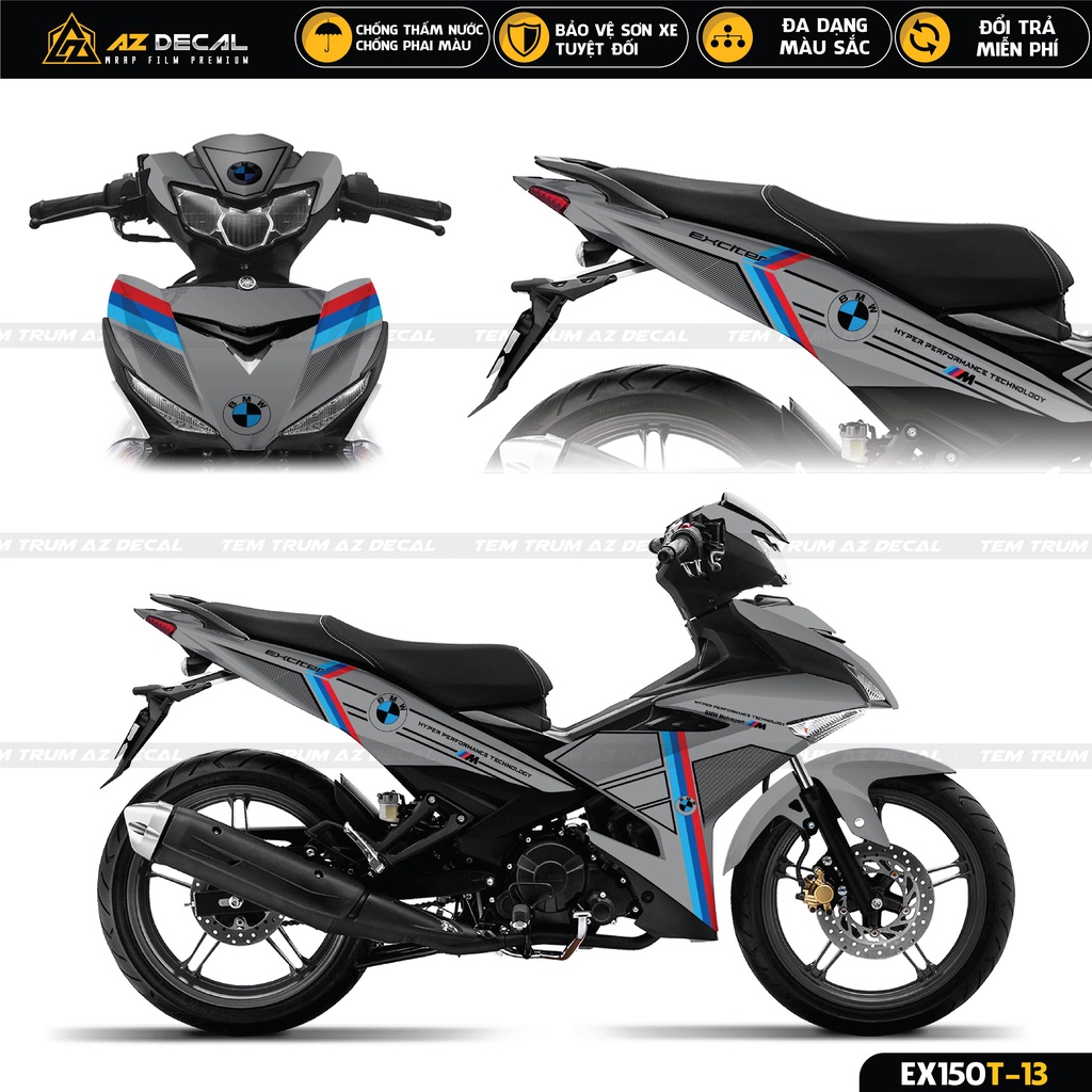 Tem Trùm Exciter 150 Mẫu Performance | EX150T-13 | Team Decal Dán Xe Máy Ex 150 Đẹp Màu Đen, Trắng, Xám