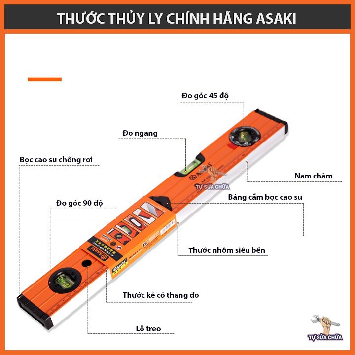 Thước thủy li vô có nam châm đủ kích cỡ 40cm, 50cm, 60cm, 80cm, 1m, 1m2 chính hãng Asaki độ chính xác cao, HÀNG XỊN