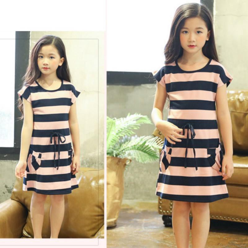 Đầm tay ngắn họa tiết kẻ sọc xinh xắn thời trang cho bé gái