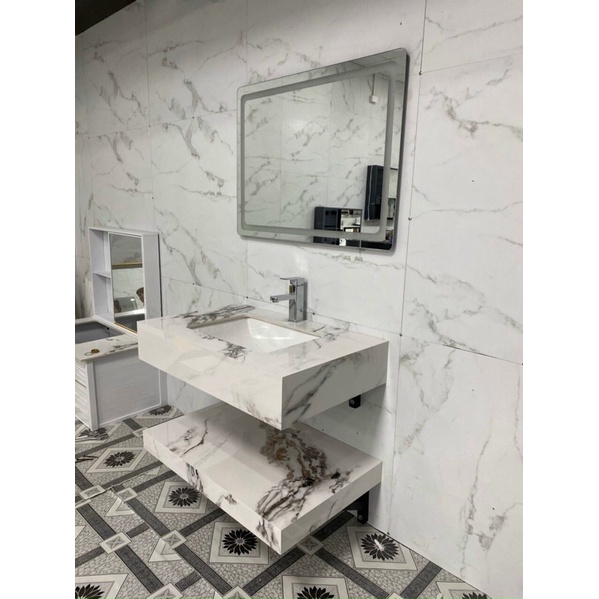 Combo bàn đá đôi TRÀN VIỀN + gương Led cảm ứng 50x80