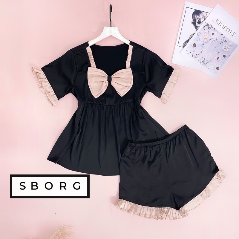 Đồ ngủ cute SBORG đồ bộ mặc nhà lụa latin áo babydoll đính nơ cute quần đùi viền bèo freesize dưới 60kg quà tặng vợ