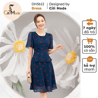 Đầm xòe peplum xanh than phối họa tiết CITI MODE cổ V tay bèo chất Voan cao cấp DH3612