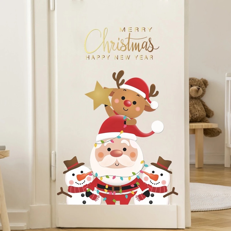 Miếng dán tường cửa sổ trang trí Giáng Sinh hình ông già noel đáng yêu thu hút